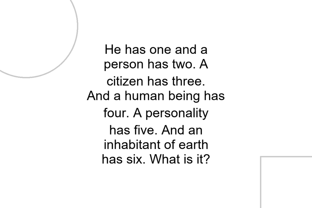 He has one and a person has two. A citizen has three. And a human being has four. A personality has five. And an inhabitant of earth has six. What is it?
