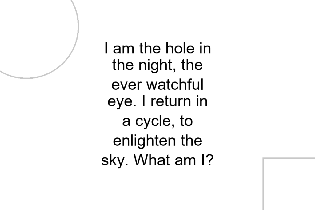 I am the hole in the night, the ever watchful eye. I return in a cycle, to enlighten the sky. What am I?