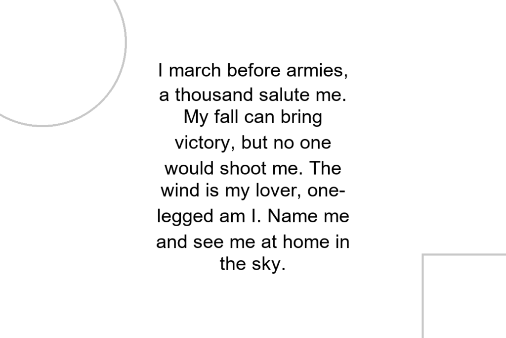 I march before armies, a thousand salute me. My fall can bring victory, but no one would shoot me. The wind is my lover, one-legged am I. Name me and see me at home in the sky.