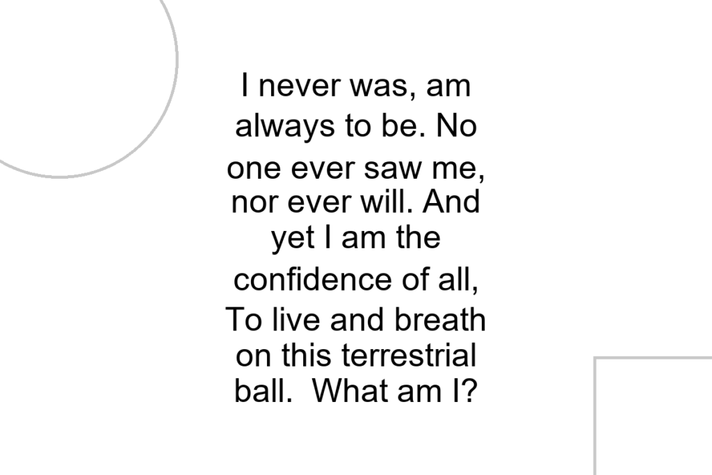 I never was, am always to be. No one ever saw me, nor ever will. And yet I am the confidence of all, To live and breath on this terrestrial ball. What am I?