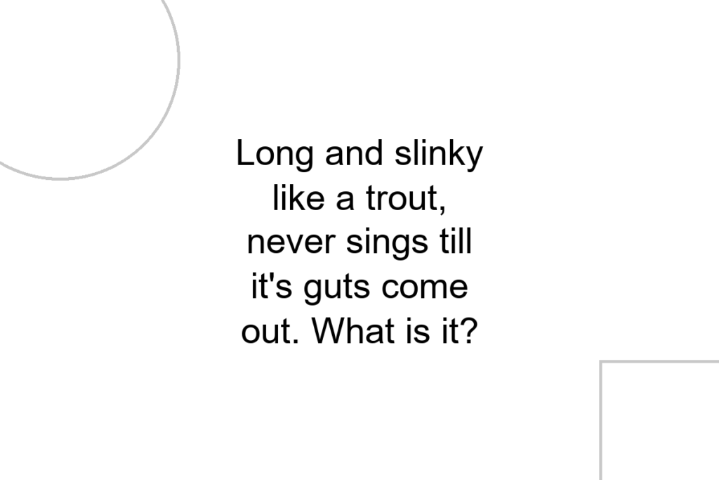 Long and slinky like a trout, never sings till it’s guts come out. What is it?