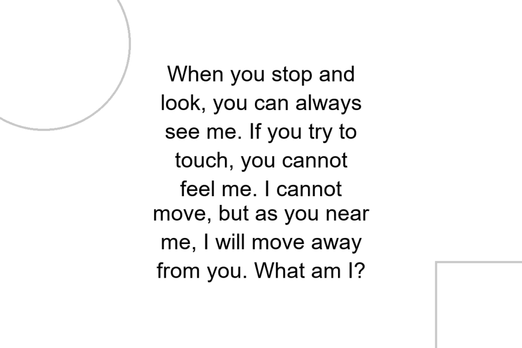 When you stop and look, you can always see me. If you try to touch, you cannot feel me. I cannot move, but as you near me, I will move away from you. What am I?
